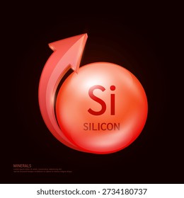 Silicon minerals form red ball circle with arrow on a dark background. Mineral vitamins complex essential supplement health. Food nutrition and medicine. Medical science concept. 3D Vector.