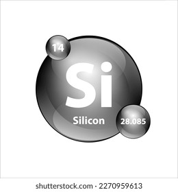 Silicon (Si) chemical element Icon structure round shape circle grey, silver, black easily. Periodic table Sign with atomic number. Study in science for education. 3D Illustration vector.