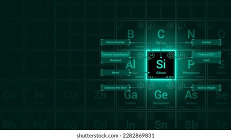 Silicon (Si) Element Neon Light Glow Square Grid Background Design - Periodic Table, Chemical Symbol, Name, Atomic Weight, Atomic Number, Electron Shells, Classification, Phase at STP