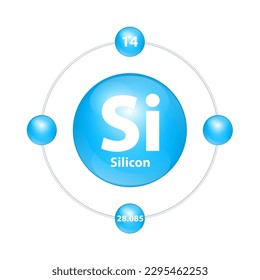 Silicon (Si) Icon structure chemical element round shape circle light blue with surround ring. Period number shows of energy levels of electron. Study science for education. 3D Illustration vector.