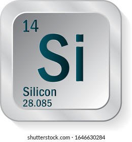 Silicon or Si periodic table element icon on silver metallic button vector illustration.