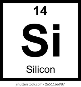 Ladrilho da tabela periódica de elementos de silício (Si). Ícone com número atômico 14. Elemento metaloide, base da eletrônica moderna e chips de computador. Conceito de tecnologia.