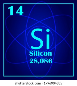 Silicon simple style tile icon. Chemical element of periodic table. Atom on a blue background