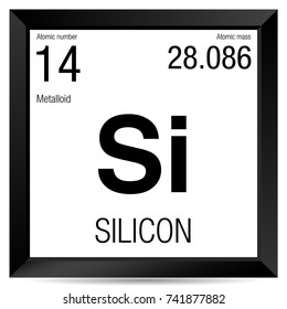 Silicon symbol. Element number 14 of the Periodic Table of the Elements - Chemistry - Black square frame with white background