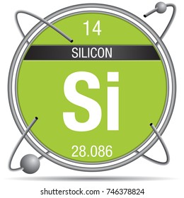 Silicon symbol  inside a metal ring with colored background and spheres orbiting around. Element number 14 of the Periodic Table of the Elements - Chemistry 
