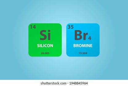 Silicon Terabromide SiBr4 molecule. Simple molecular formula consisting of Silicon, Bromine,  elements. Chemical compound simplified structure on blue background, for chemistry education
