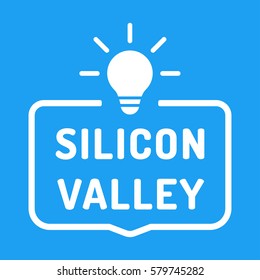 Silicon valley. Badge with bulb icon. Flat vector illustration on blue background.