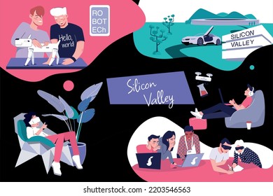 Silicon valley flat composition with collage of doodle human characters at working places robots and text vector illustration