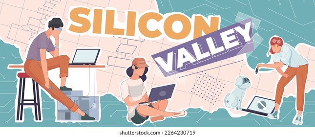 Silicon valley flat composition with collage of flat text dog robot and human characters using gadgets vector illustration