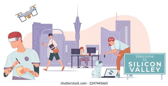 Silicon valley flat composition with nameplate and futuristic cityscape flying drone and people wearing electronic gadgets vector illustration