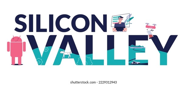 Silicon valley flat composition with text surrounded by icons of droid flying delivery drone and programmer vector illustration