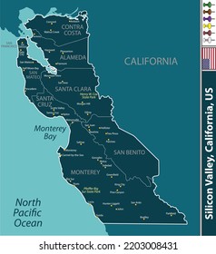 Silicon Valley region in California, United States with neighboring counties. Vector image