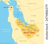 Silicon Valley, a region in Northern California, political map. Global center for high technology and innovation in the United States, located in the southern part of the San Francisco Bay Area. 