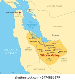 Silicon Valley, a region in Northern California, political map. Global center for high technology and innovation in the United States, located in the southern part of the San Francisco Bay Area. 