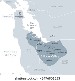 Silicon Valley, una región del norte de California, es un mapa político gris. Centro mundial de alta tecnología e innovación en Estados Unidos, ubicado en la parte sur del área de la bahía de San Francisco.