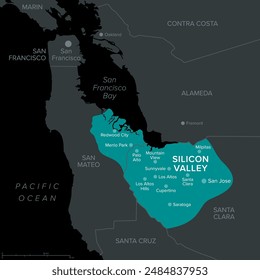 Silicon Valley, una región en el norte de California, un oscuro mapa político. Centro mundial de alta tecnología e innovación en Estados Unidos, ubicado en la parte sur del área de la bahía de San Francisco.