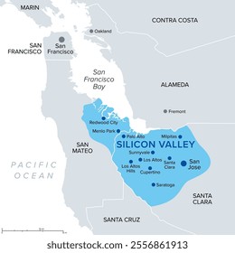 Silicon Valley, a region of Northern California in the United States, political map. Global center for high technology and innovation, located in the southern part of the San Francisco Bay Area.