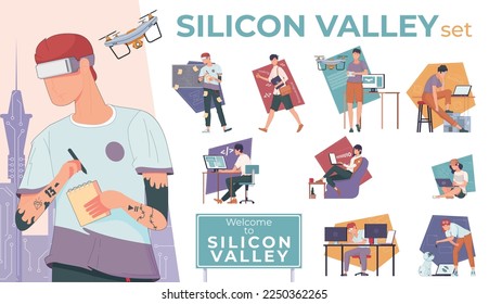 Silicon valley set of flat isolated compositions with human characters using state of the art gadgets vector illustration