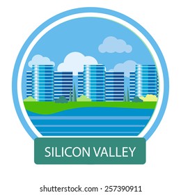 Signo de Silicon Valley. Edificio de oficinas en Silicon Valley. Concepto de afiche en estilo de caricatura con texto