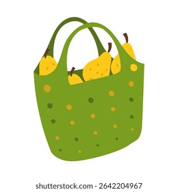 Silicone basket pears. bag with handles, nets for harvesting. Flat color illustration. It is suitable packaging design, advertising, articles about gardening, farming, healthy eating and harvesting