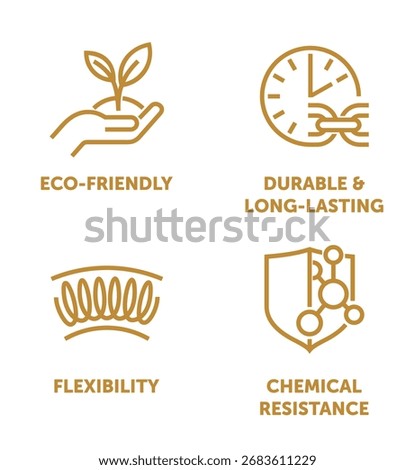 Silicone characteristics icons set - Flexibility, Chemical Resistance, Eco-friendly. Durable and Long-Lasting. Monochrome Pictograms for labeling