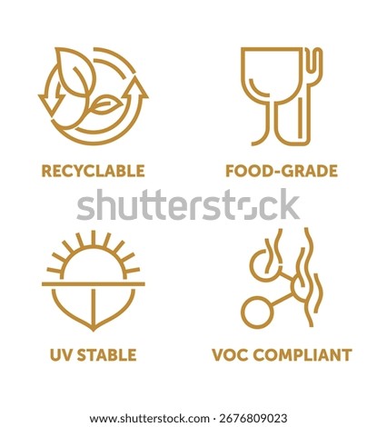 Silicone characteristics and properties icons set - Food-grade, Recyclable, VOC compliant, UV Stable. Bold Pictograms for labeling