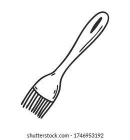 Silicone cooking brush. Doodle style. Kitchen utensils. Design element for decorating menu, recipes, and food packaging. Hand drawn and isolated on white. Black-white vector illustration.