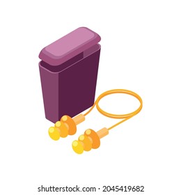 Silicone Ear Plugs With Cord And Box Isometric Icon On White Background 3d Vector Illustration