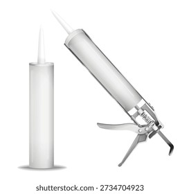 Silicone gun vector illustration of 3d sealant gun tool. Realistic isolated details of silicone tube bottle and caulking gun mechanism mockup model for construction or building