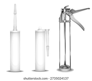 Silicone gun vector illustration of 3d sealant gun mechanism and plastic container tube with nozzle. Realistic isolated details of silicon caulking gun mockup model for construction or building