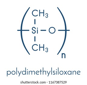 Silicone oil (polydimethylsiloxane, PDMS) silicone polymer, chemical structure. Silicone oil and closely related substances are used in silicone caulk, rubber, grease, etc. Skeletal formula.