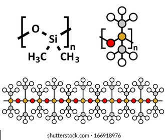 Silicone oil (Polydimethylsiloxane, PDMS) silicone polymer, chemical structure. Silicone oil and closely related substances are used in silicone caulk, silicone rubber, silicone grease, etc.