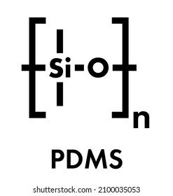 Silicone oil (polydimethylsiloxane, PDMS) polymer, chemical structure. Silicone oil and closely related substances are used in caulk, silicone rubber, silicone grease, etc. Skeletal formula.