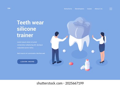 Silicone pad against tooth wear. Dentists install dental pad exerciser. Elimination of abrasion tooth enamel and damage to gums. Improving bite with modern materials. Vector landing page isometry