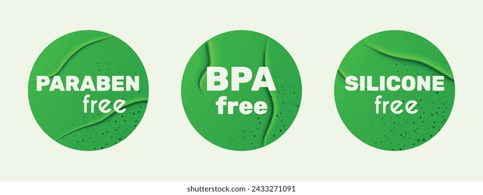 Silicone, paraben, BPA free. 3 round green paper glued logo. Icon of plastic without chemical preservatives. Vector symbol on a white background