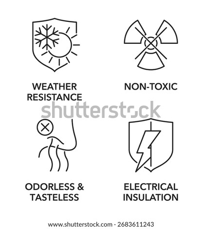 Silicone properties icons set - Non-toxic, Weather Resistance, Electrical Insulation, Odorless and Tasteless. Pictograms for labeling in monochrome style