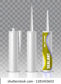 Silicone sealant packaging container tube with nozzle mock up set. Vector realistic illustration isolated on transparent background.