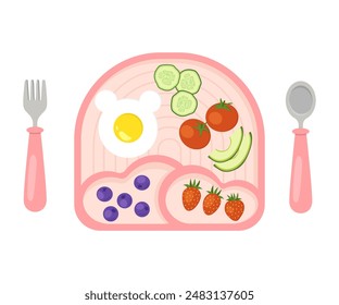 Silikonutensilien für Kinder mit Essen: Teller, Gabel und Löffel. Fütterung des Babys. Vektorgrafik flache Abbildung.