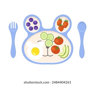 Silicone utensils for kid with food: plate with ears, fork and spoon. Feeding the baby. Vector flat illustration.