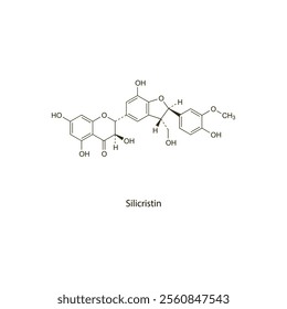 Silicristin flat skeletal molecular structure milk thistle extract drug used in amanita poisoning treatment. Vector illustration scientific diagram.