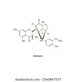 Silidianin flat skeletal molecular structure milk thistle extract drug used in amanita poisoning treatment. Vector illustration scientific diagram.