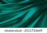 Silk background. Realistic 3D texture of deep green, malachite, emerald silk background. Vector texture of silk natural fabric with smooth pleats