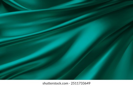 Fondo de seda. Textura realista en 3D de fondo de seda verde oscuro, malaquita, esmeralda. Textura de Vector de tejido natural de seda con pliegues lisos