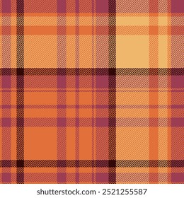 Silk background textile fabric, autumn vector plaid check. Fur tartan seamless texture pattern in orange and red colors palette.