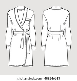 Silk Bathrobe For Women. Isolated Vector. Front And Back Views.