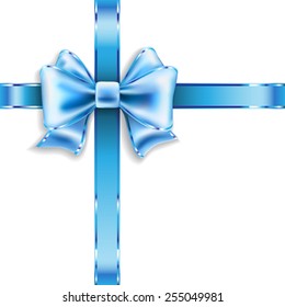 Silk blue bow isolated on white. Vector illustration.