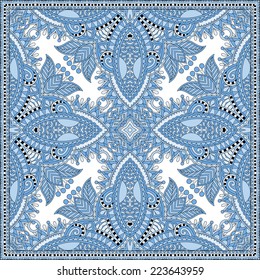 silk blue colour kerchief square pattern design in ukrainian karakoko style for print on fabric, vector illustration