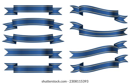 Silk blue ribbons and labels collection. Satin blank banners collection. Ribbons collection. Banner symbol set. Vector illustration