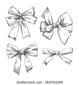 Silk Bows. Christmas hand drawn vector elements. Sketch illustration with xmas decoration.