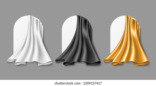 Silk cloth covered drapery. Realistic gold, black and white hanging fabric with flowing folds, presentation planes mockups, promotional product scene, 3d isolated elements. Utter vector set